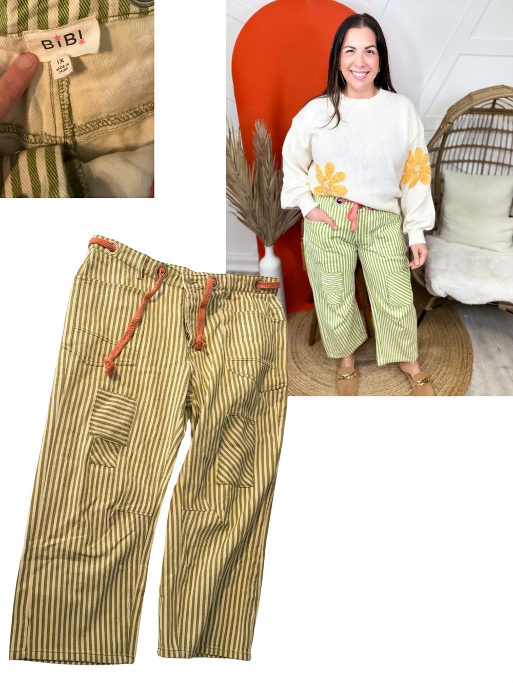 BiBi Green and Cream Striped Barrell Drawstring Pants
